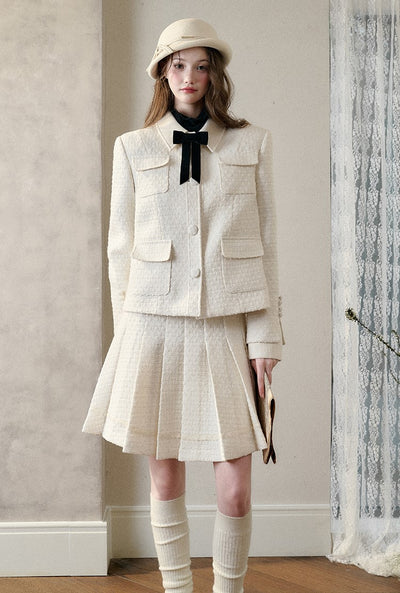 Natural Wool Suit Elegant Jacket/Pleated Skirt GRO0089