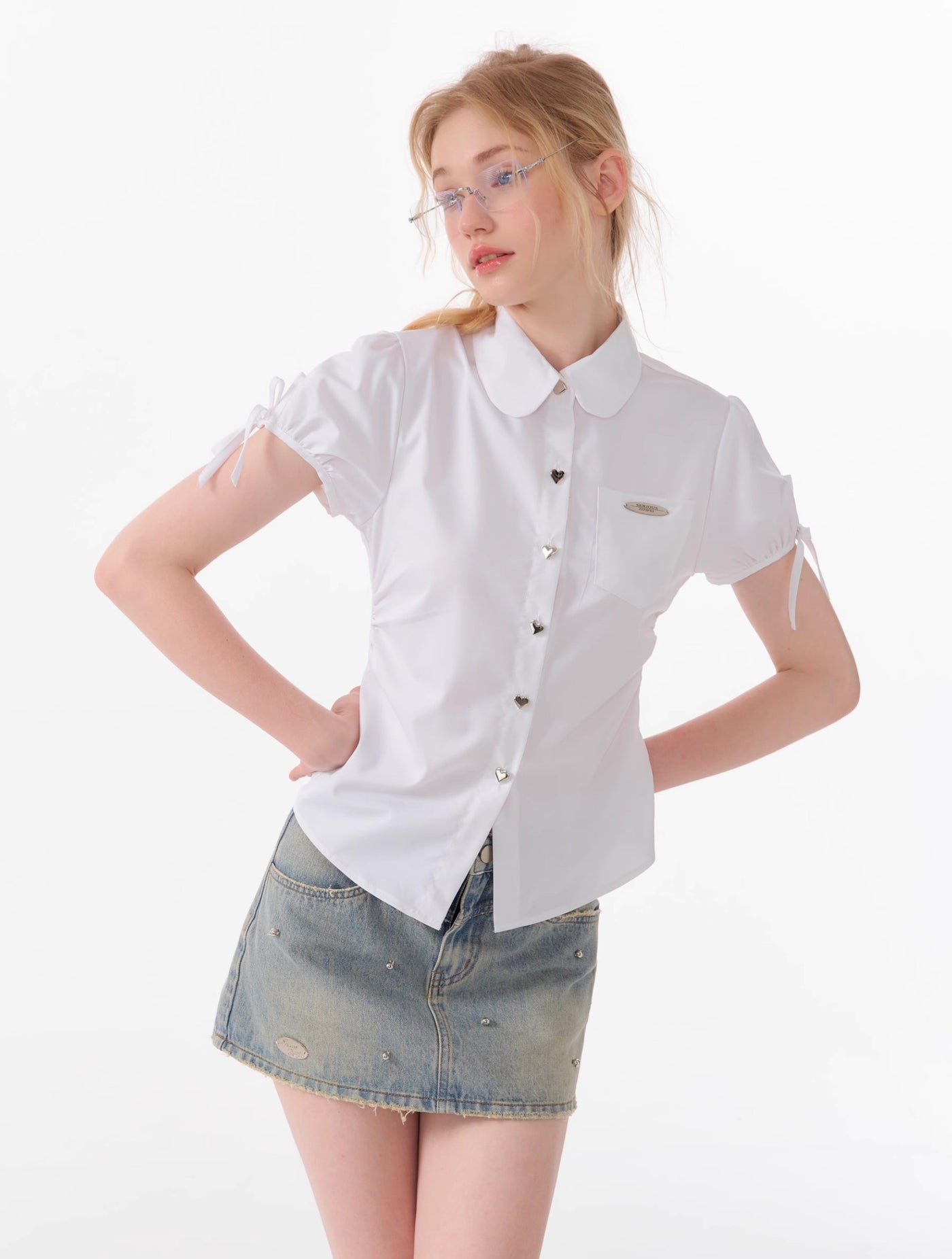 American Retro Design Puff Sleeve Bow Short-sleeved Shirt ZIZ0092