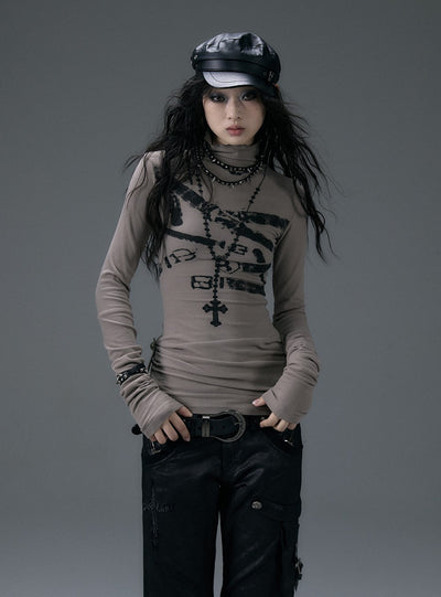 Punk Rock High Collar Slim Patchwork Embroidery Print T-shirt NOR0130