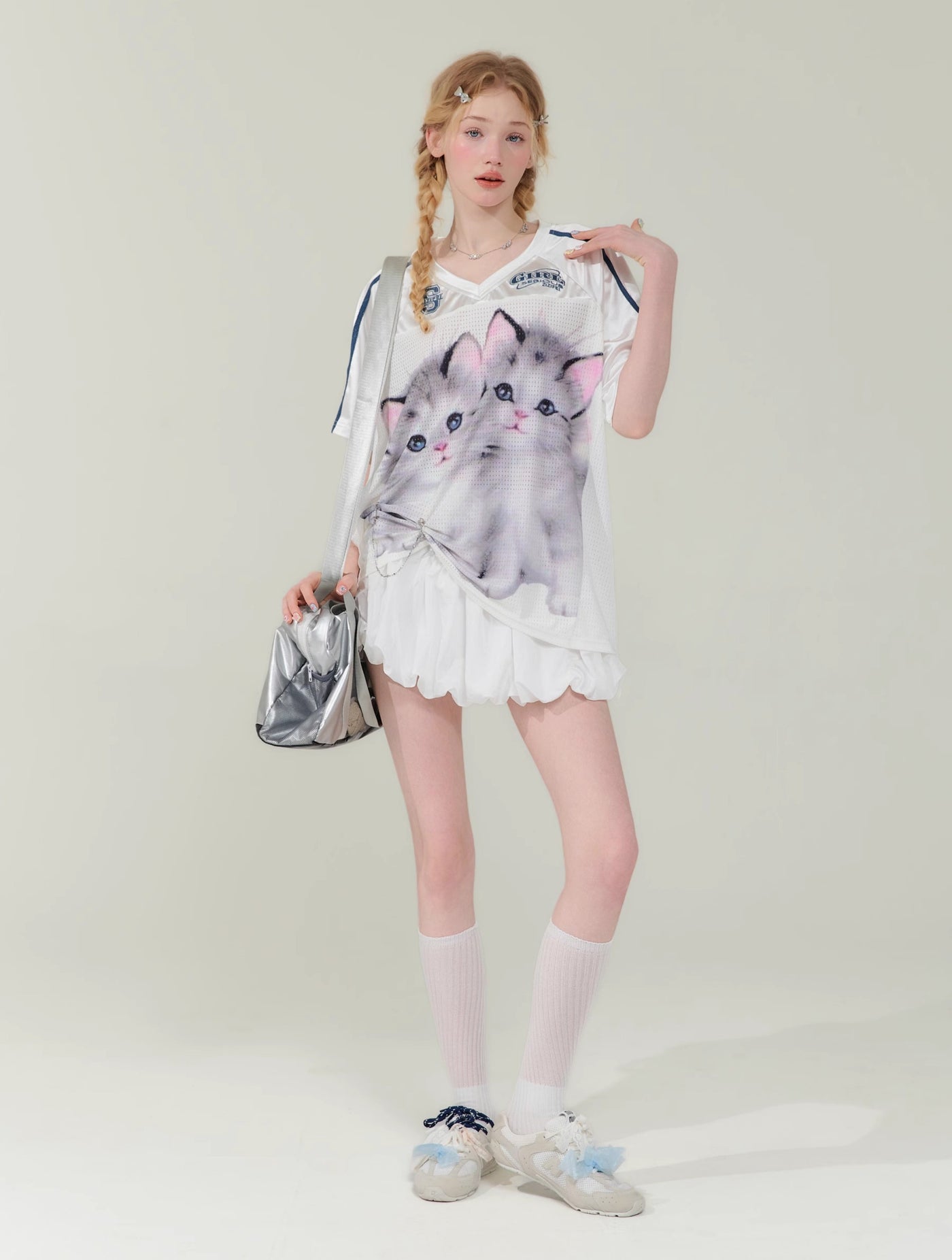 Cat Print Loose V-neck Quick-drying Short-sleeved T-shirt ZIZ0144