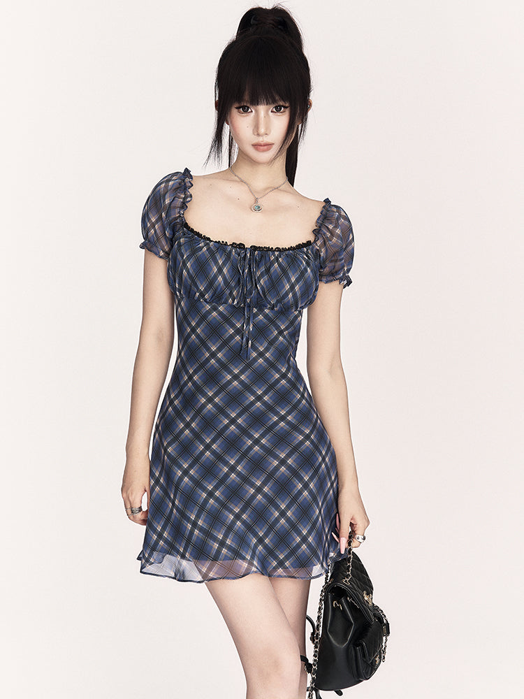 Plaid Puff Sleeve Slimming Dress VOC0402