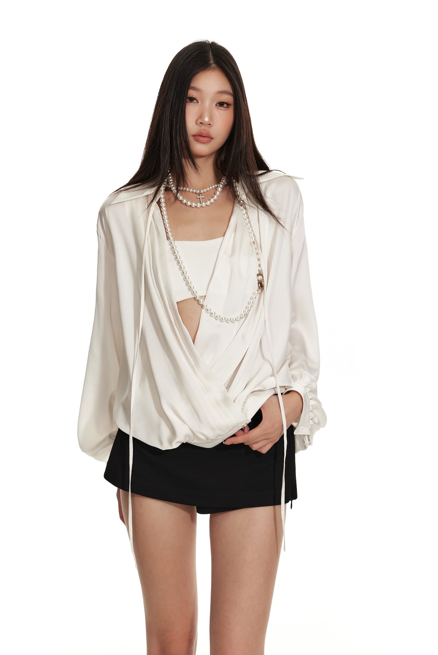 Lantern Sleeve Oblique Collar Loose Pleated Large Shirt 4MU0061