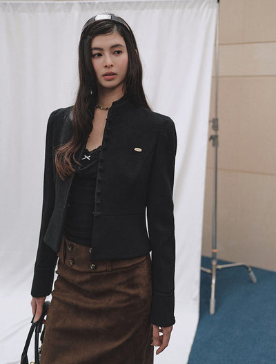 Ruffled Stand Collar Short Woolen Jacket LAL0248