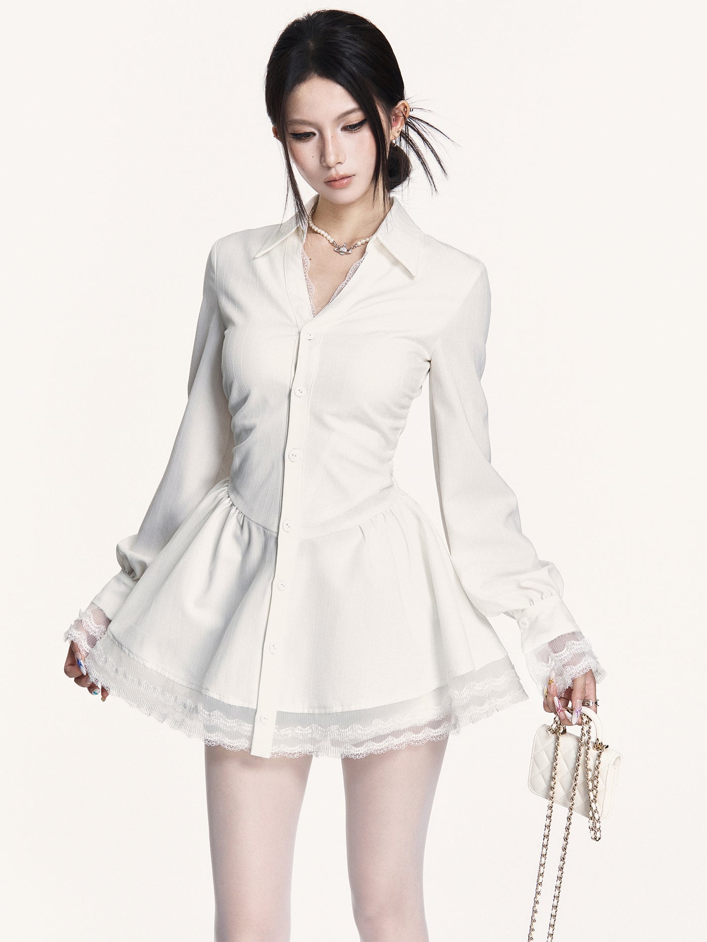 Romantic Lace Pleated Shirt Dress VOC0429