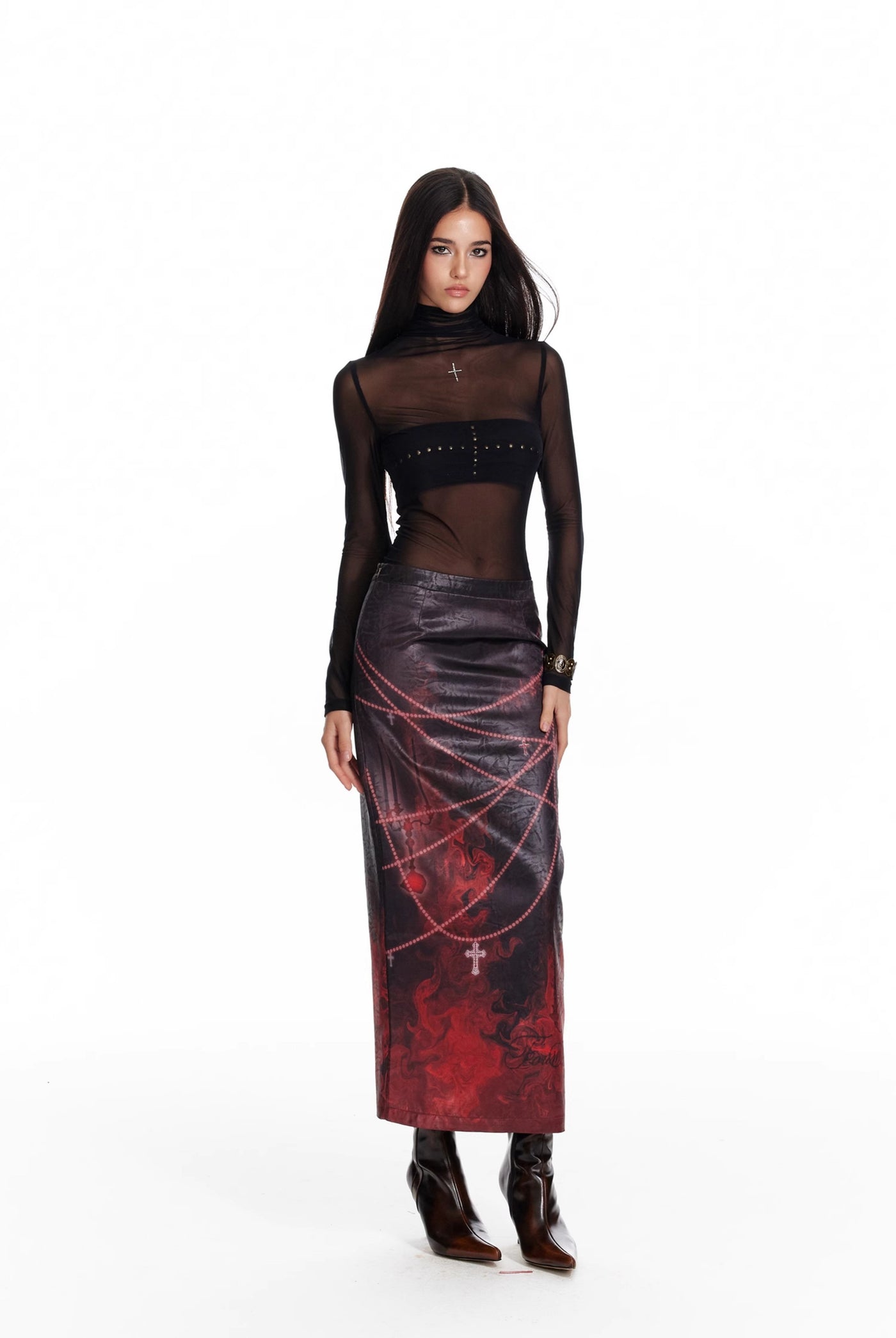 Flame Oil Painting Print Medium-length Straight Skirt 4MU0087