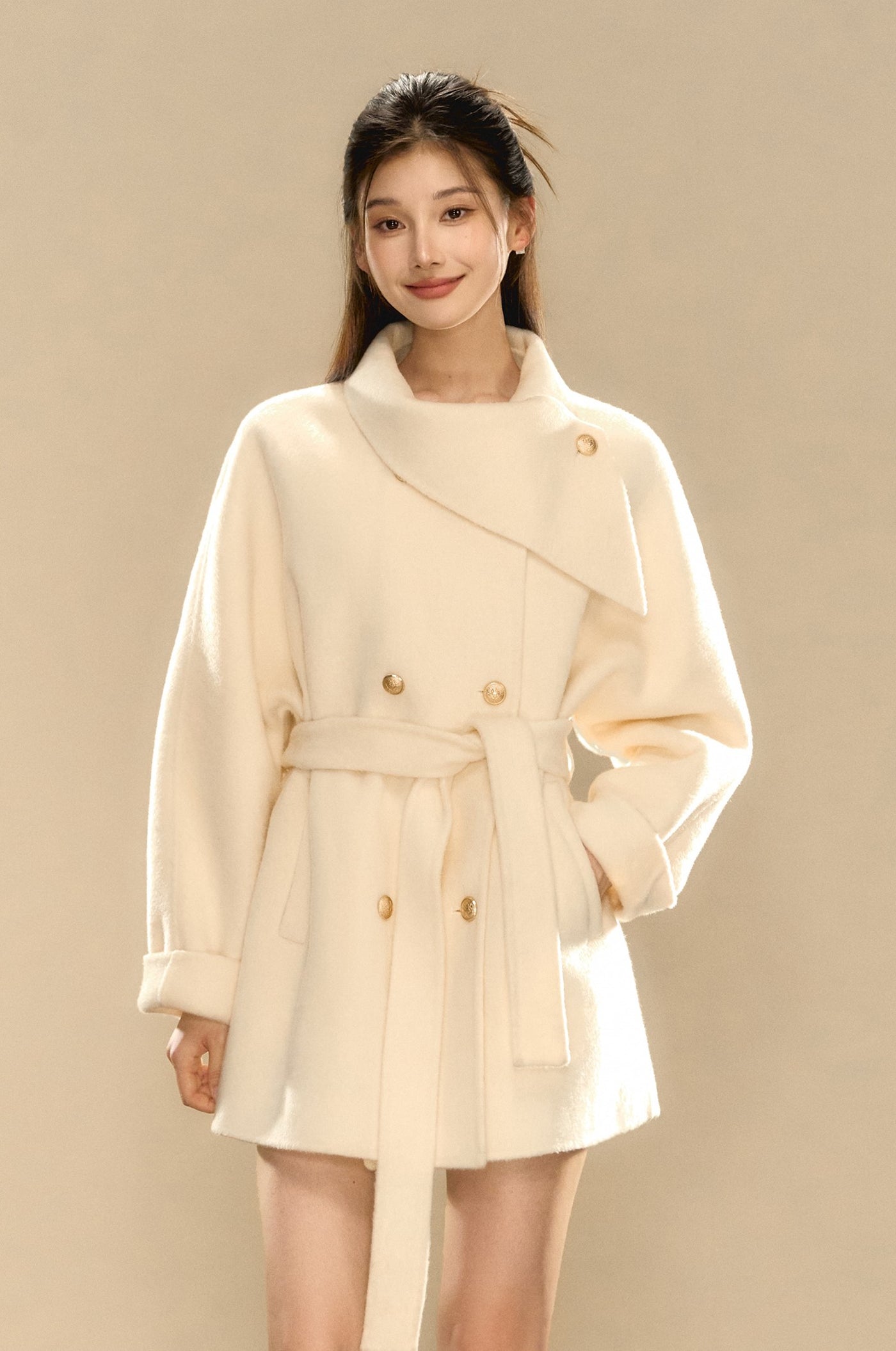 Multi-color Woolen Gold Button Belt Double-sided Coat OSH0074