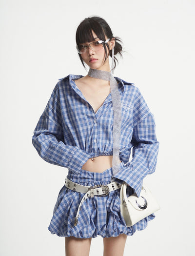 Blue Plaid Short Shirt/Puffy Short Skirt UNC0251
