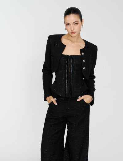Black Luxurious-style Short Jacket/Camisole/Pants 4MU0161