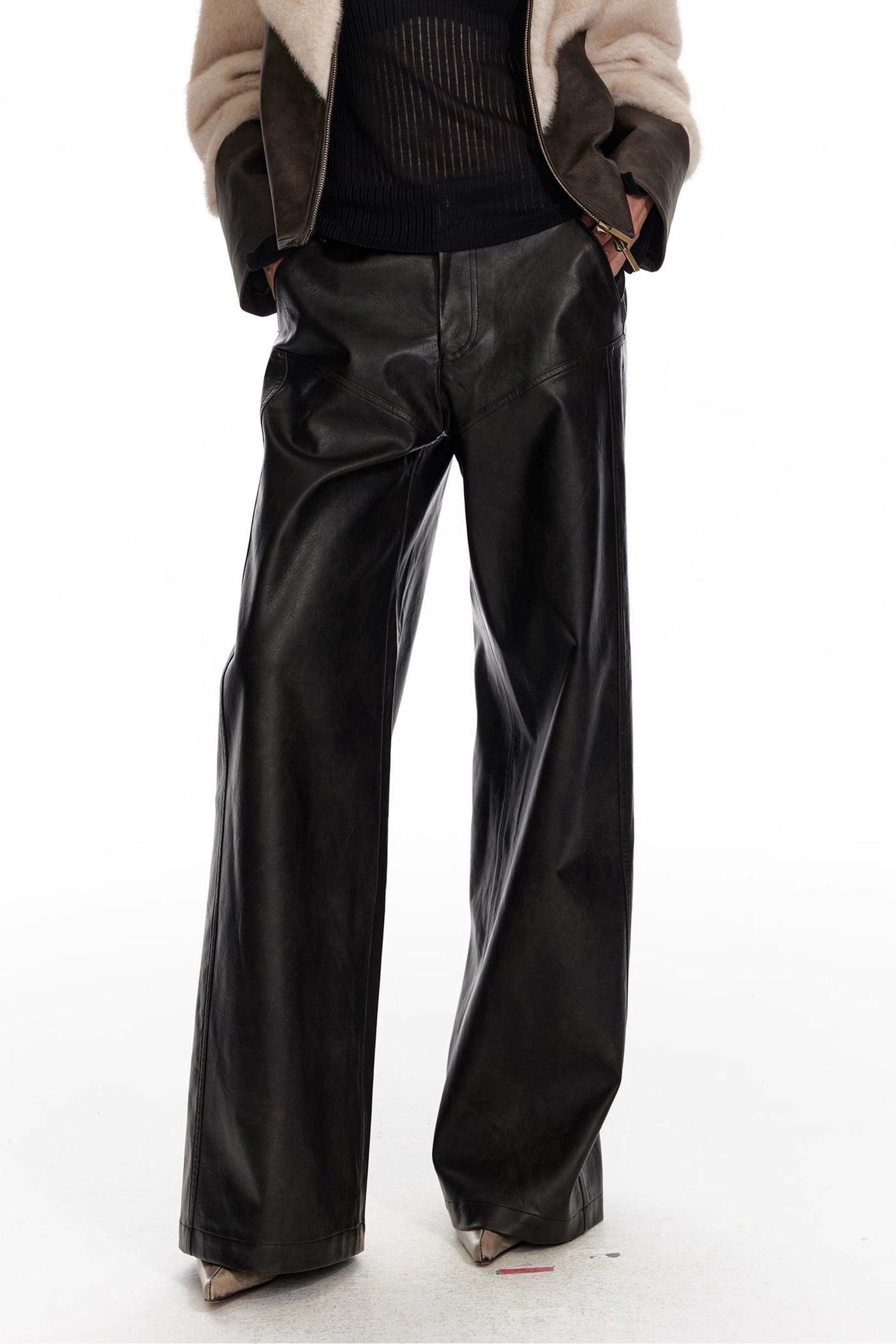 Black Low Waist Slim Wide Leg Straight Leather Pants 4MU0069