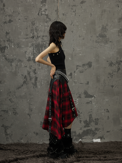 Dark Punk Street Rock Splicing A-line Black And Red Plaid Skirt FRU0032