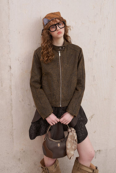 Dark Brown Leopard Print Flight Jacket DID0211