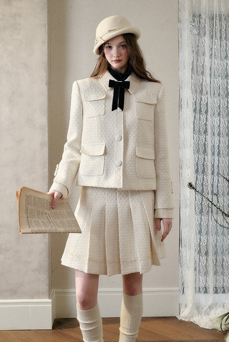 Natural Wool Suit Elegant Jacket/Pleated Skirt GRO0089