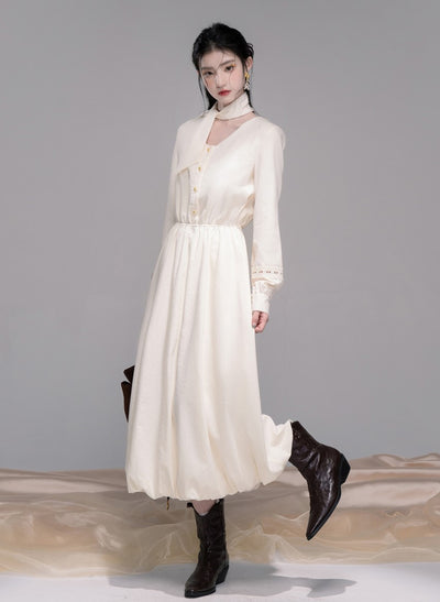 Custard Vest/Lace White Shirt Dress COT0336