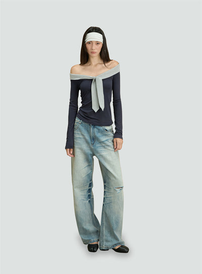 One-shoulder Striped Tie-stitched T-shirt CUR0248