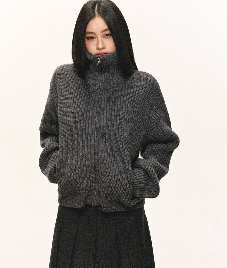 High-Neck Knitted Zipper Cardigan ANA0078