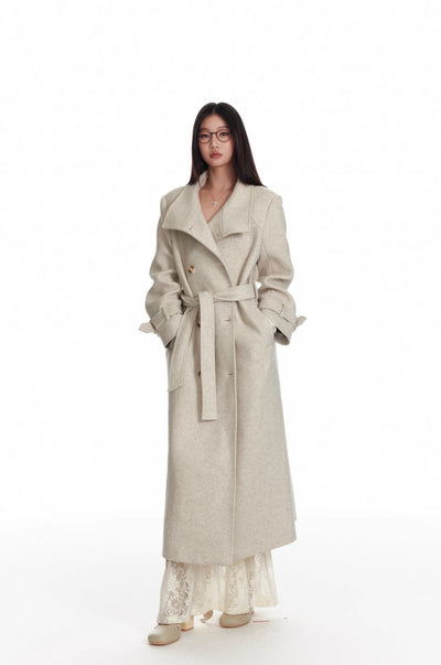 Oatmeal Color Detachable Shawl Cape/Woolen Long Coat 4MU0076