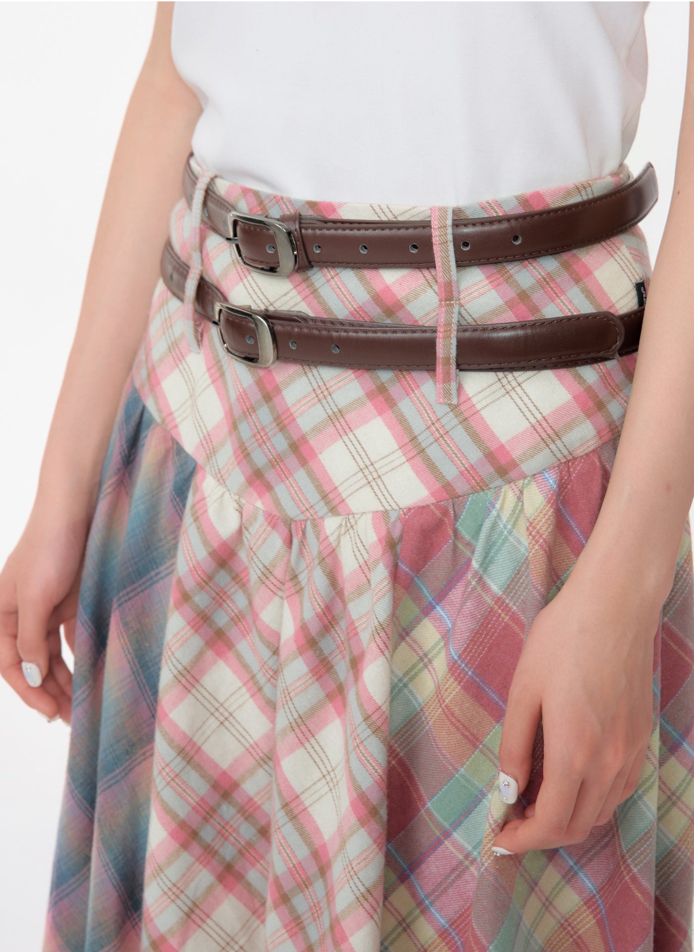 Contrast Color Stitching Plaid High Waist Pink Plaid Skirt ZIZ0113