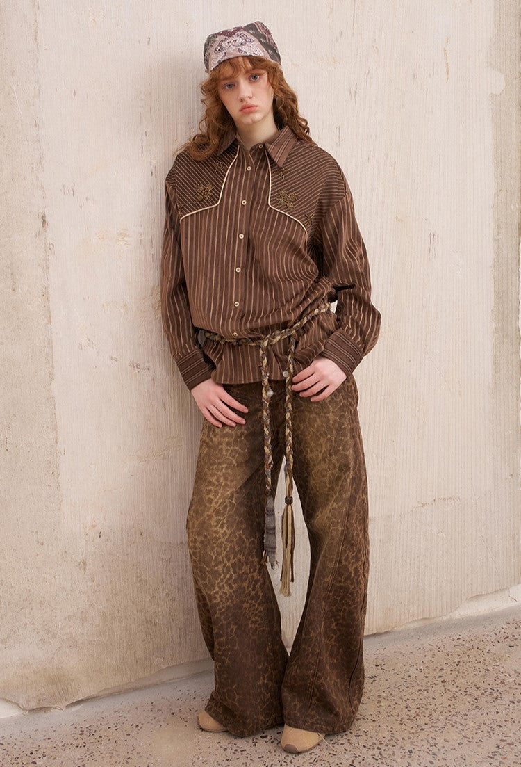 Suede Beaded Retro Striped Shirt DID0215