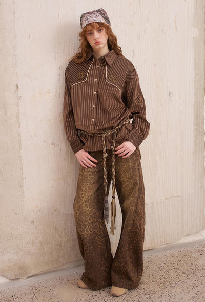 Suede Beaded Retro Striped Shirt DID0215