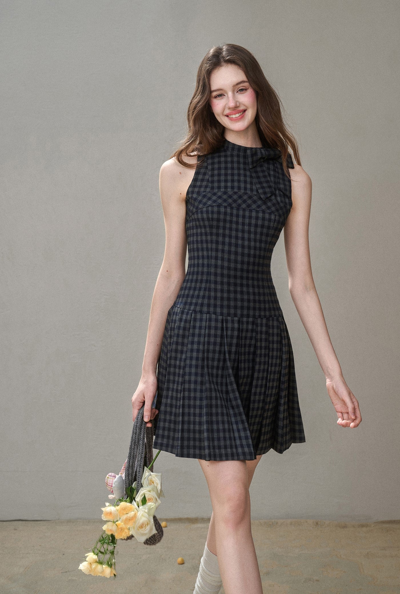 Bow Halter Neck Plaid Pleated Dress GRO0175