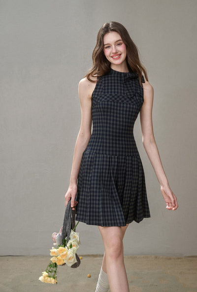 Bow Halter Neck Plaid Pleated Dress GRO0175