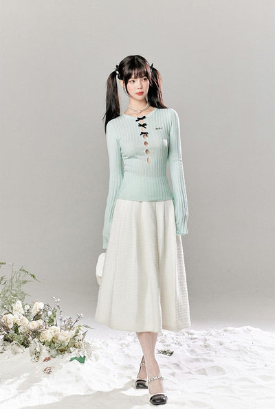 Hollow Long Sleeve Round Neck Bow Knitted Sweater/Skirt TBI0051