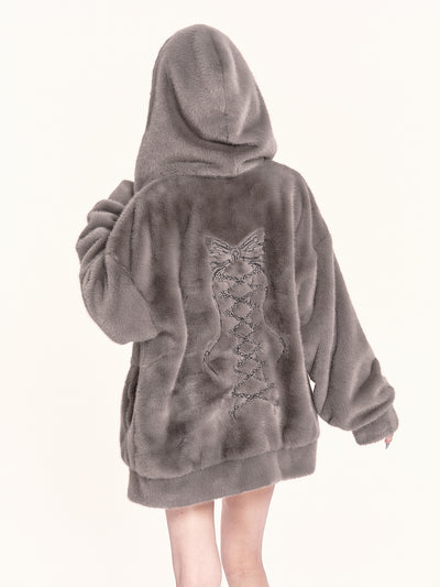Lazy Style Plush Ribbon Design Hooded Jacket VOC0481