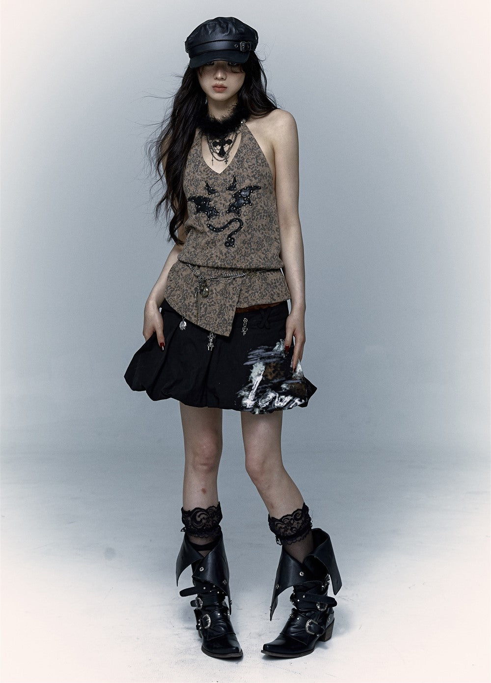 Punk Street Rock Embroidery Leopard Print Halter Vest NOR0067