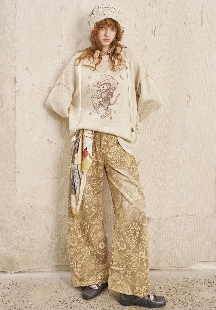 Cat Print V-neck Loose Sweater DID0254