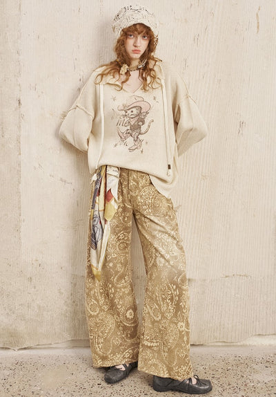 Cat Print V-neck Loose Sweater DID0254