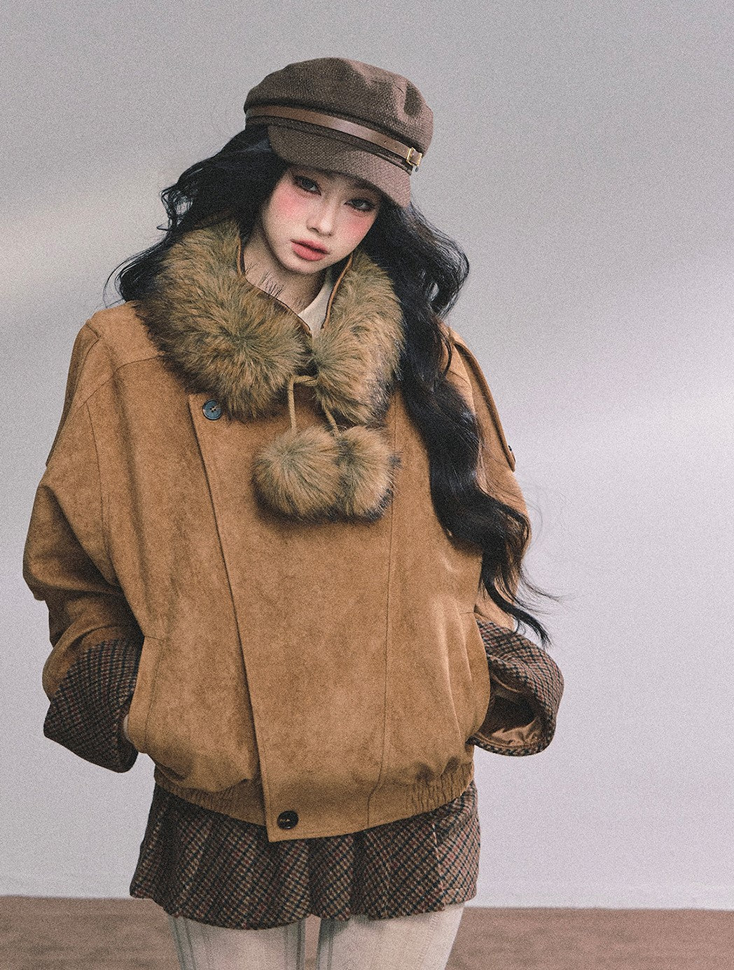 Hazelnut Velvet Suede Jacket/Pleated Skirt DIA0604