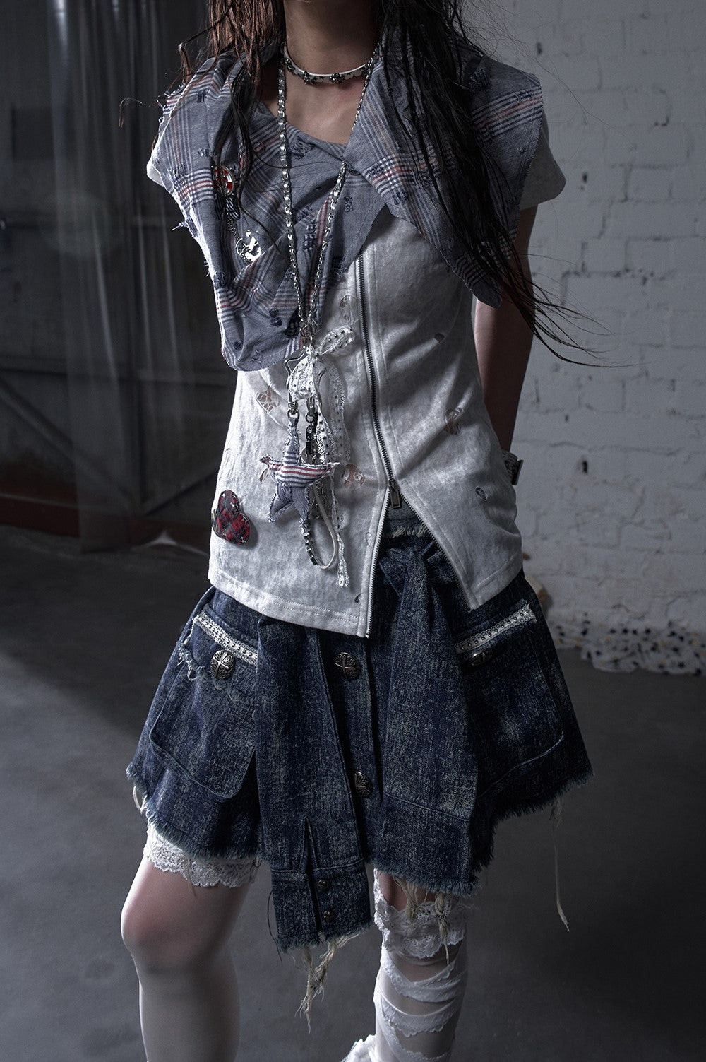Punk Plaid Scarf Fake Two-piece T-shirt NOR0183