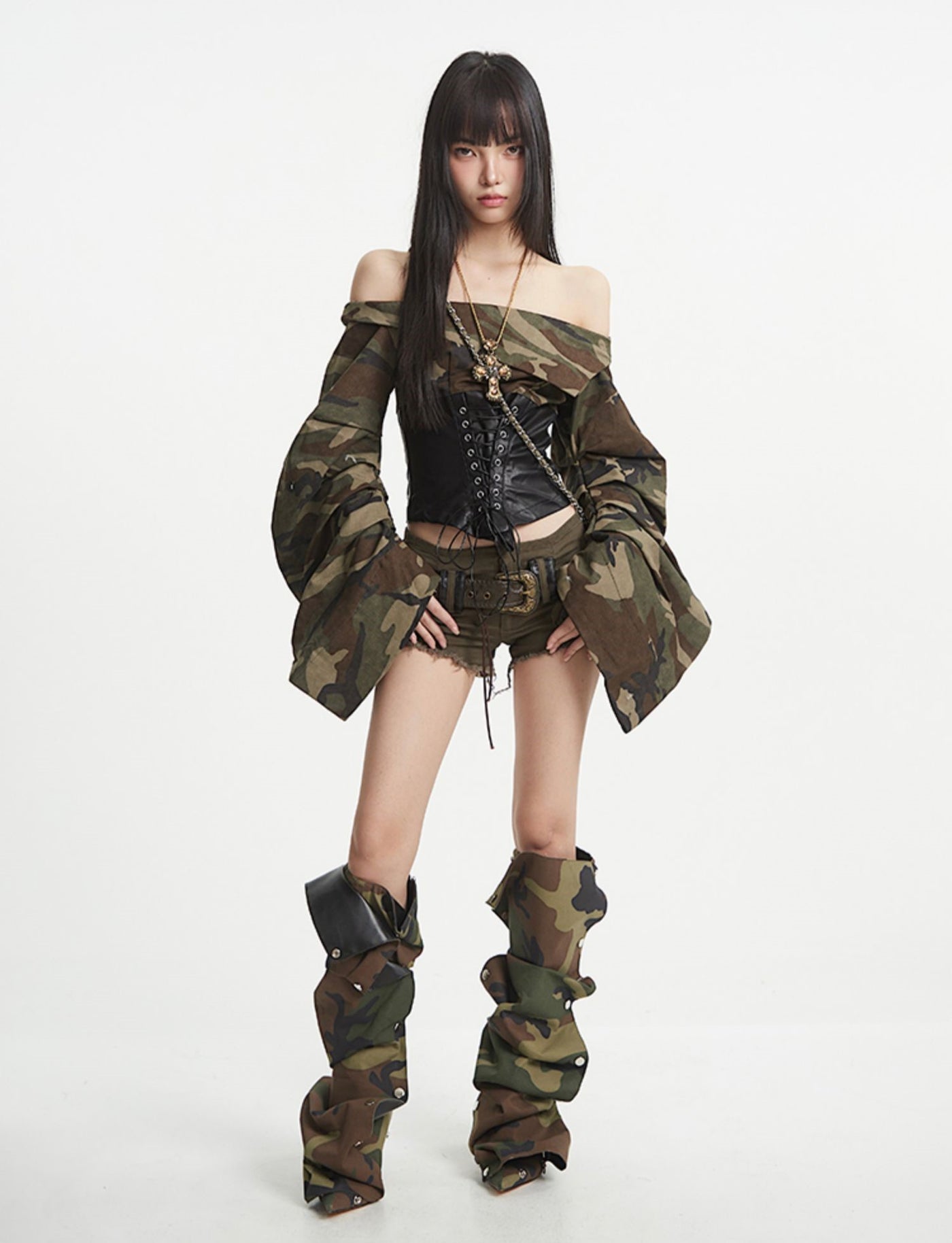 Camouflage One-shoulder Leather Top UNC0254