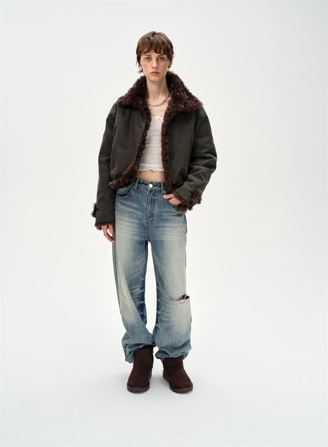 Retro Stand Collar Reversible Fur Jacket CUR0260