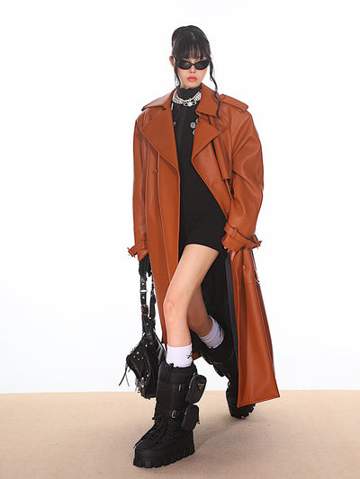 High-end Niche Silhouette Leather Long Coat UNC0154