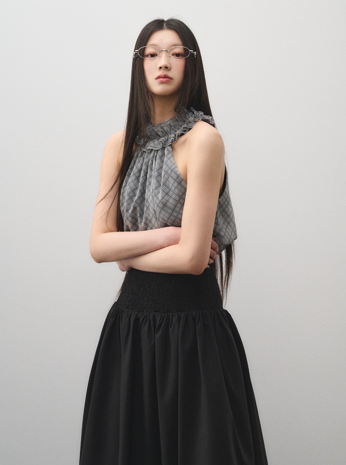 Lace Plaid Half High Neck Top LAL0175