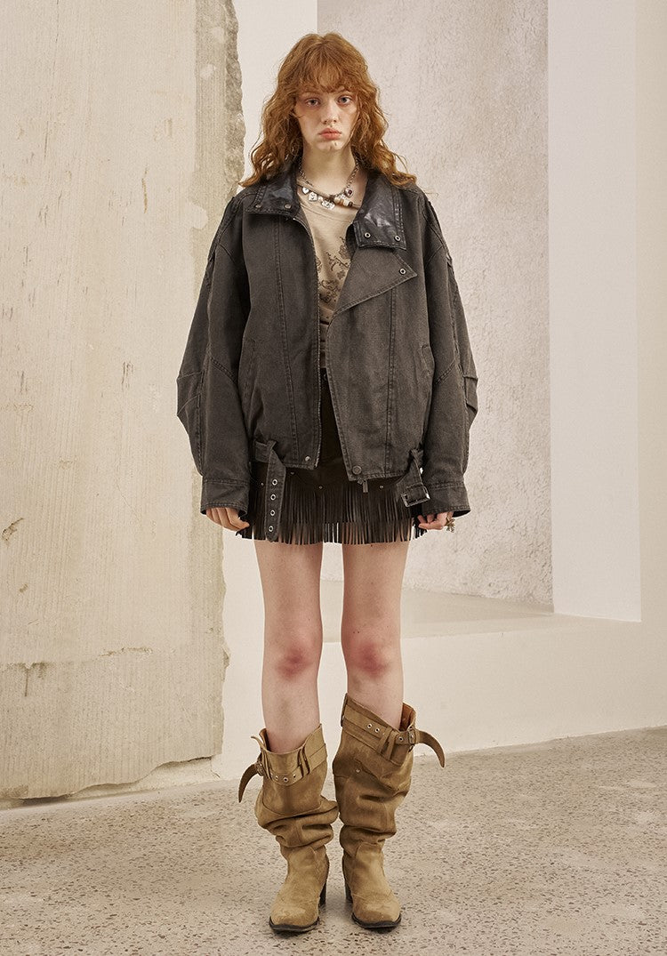 Leather Collar Stitching Denim Retro Jacket DID0222