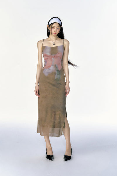 Vintage Slim Waist Mesh Print Dress CUR0106