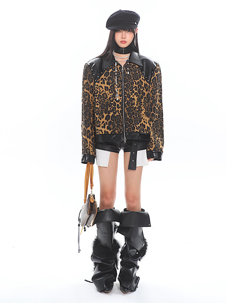 Wild Leopard Design Leather Lapel Zipper Jacket UNC0189