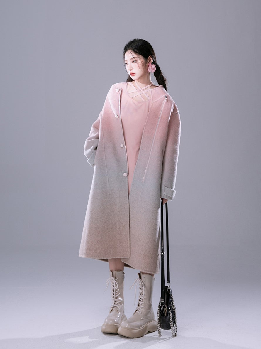 Gradient Powder Pink And Blue Contrast Tencel Double-faced Wool Coat COT0163