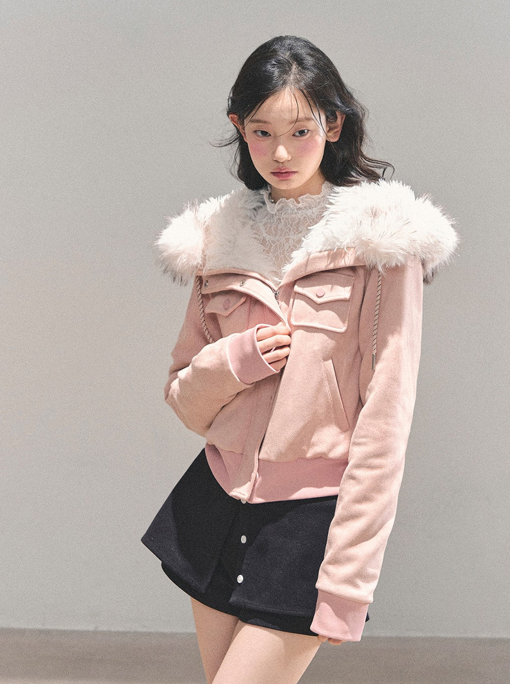 Snowy Fur Hooded Pocket Jacket DIA0717