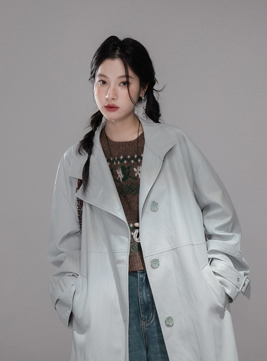 Gray Blue Leather Coat COT0354