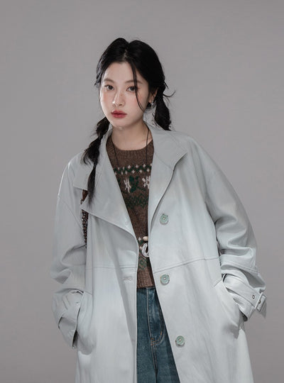 Gray Blue Leather Coat COT0354