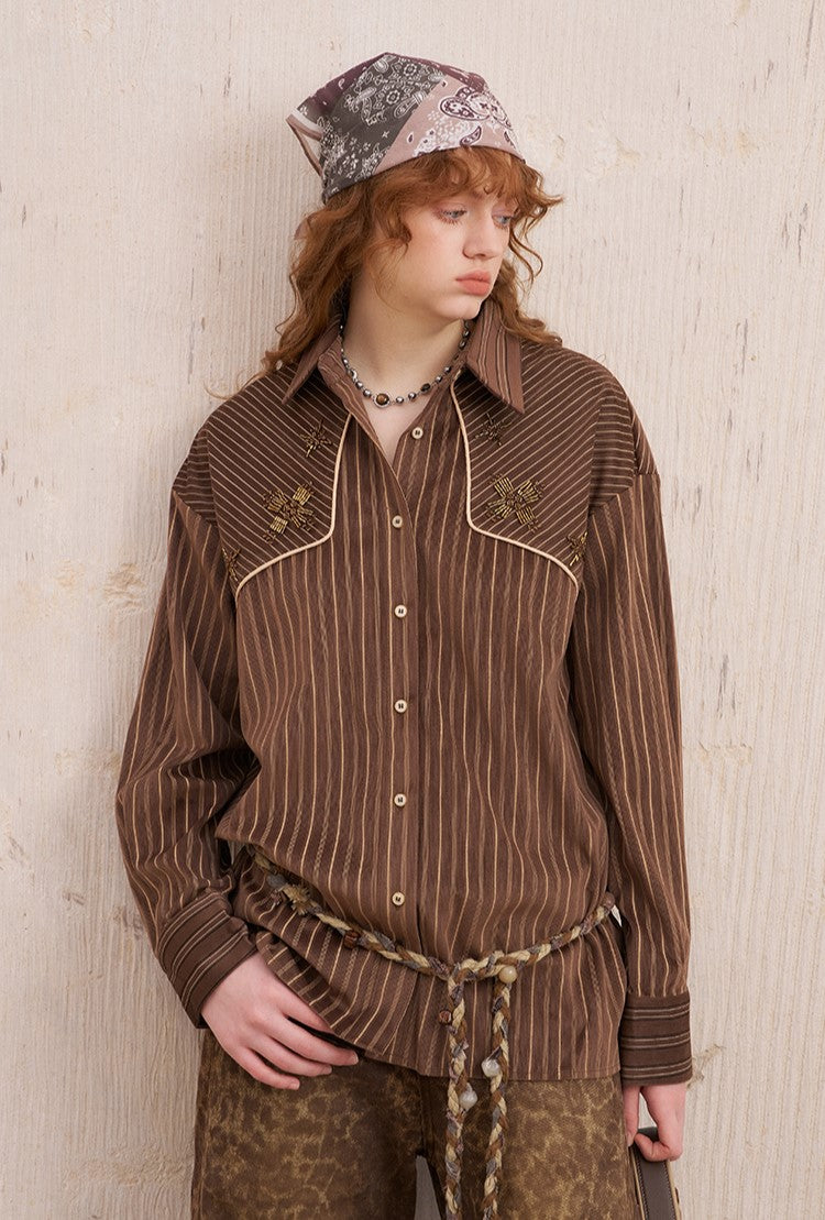 Suede Beaded Retro Striped Shirt DID0215