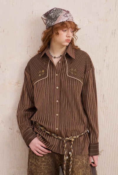 Suede Beaded Retro Striped Shirt DID0215
