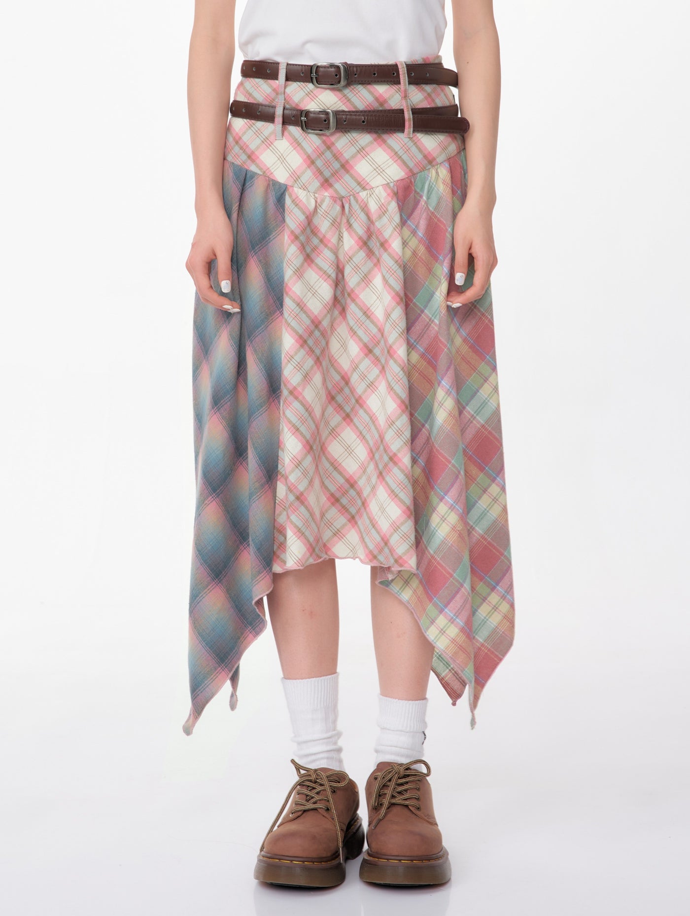 Contrast Color Stitching Plaid High Waist Pink Plaid Skirt ZIZ0113