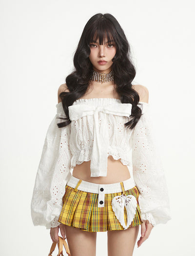 Puff Sleeve One Shoulder Bow Short Shirt UNC0258