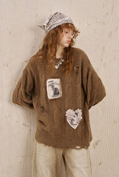 Appliqued Kitten Hollow Cable Sweater DID0235