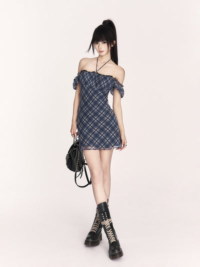 Plaid Puff Sleeve Slimming Dress VOC0402