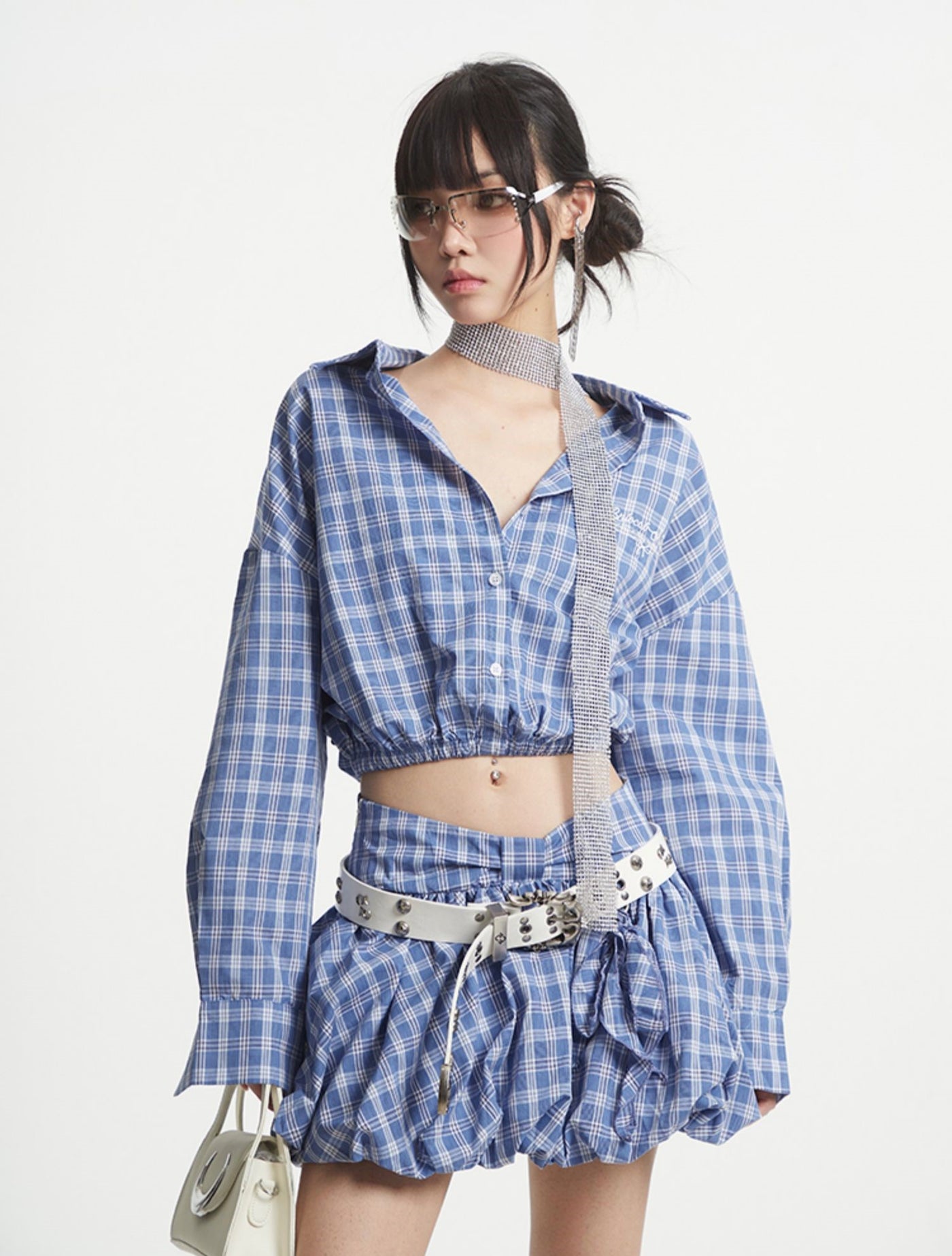 Blue Plaid Short Shirt/Puffy Short Skirt UNC0251